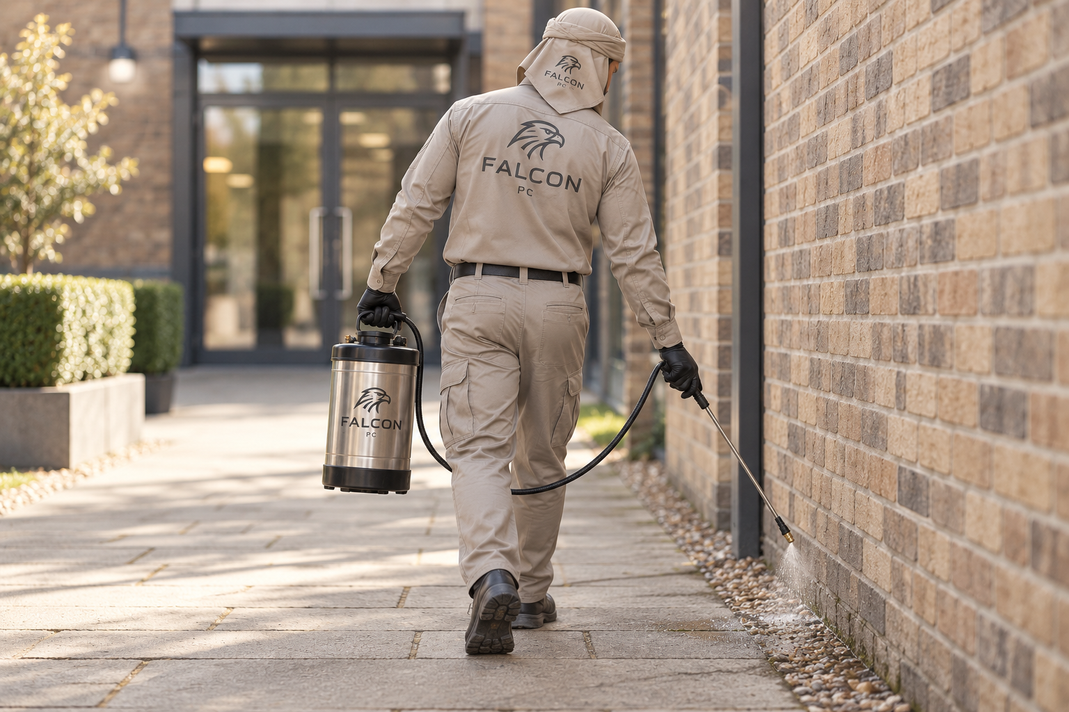 Illustration of a Falcon PC technician carrying out a pest-control treatment